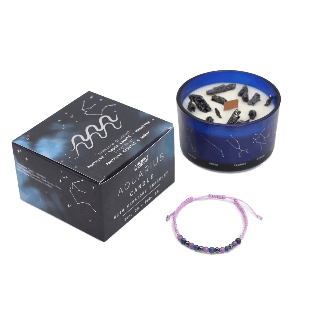 Aquarius Zodiac Crystal Candle & Gemstone Bracelet and its presentation
