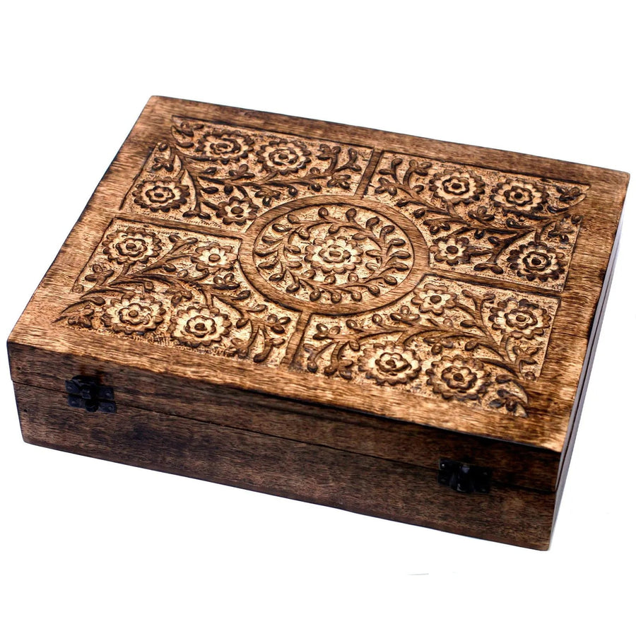 Floral Carved Mango Wood Oil Box – 80 Bottles - Essential Oil Storage Box - SIXTH HOUSE