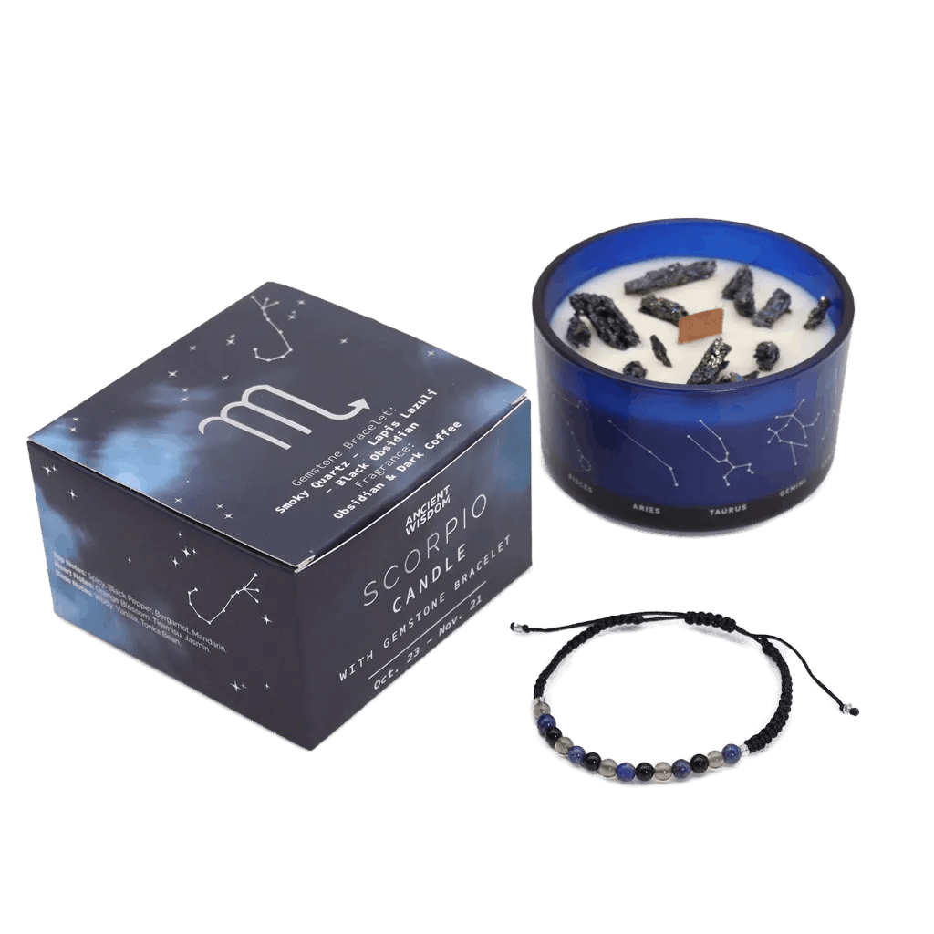 Scorpio Zodiac Crystal Candle & Gemstone Bracelet and its presentation