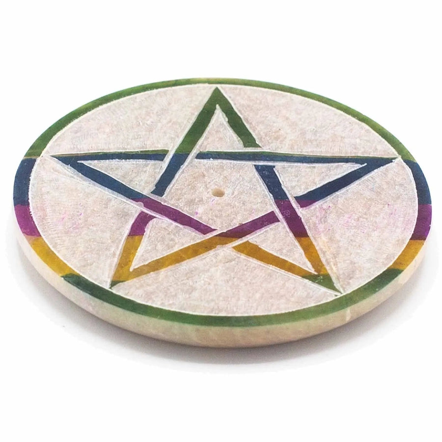 Soapstone Disc Incense Holder 8cm – Pentagram - Incense Holder - SIXTH HOUSE
