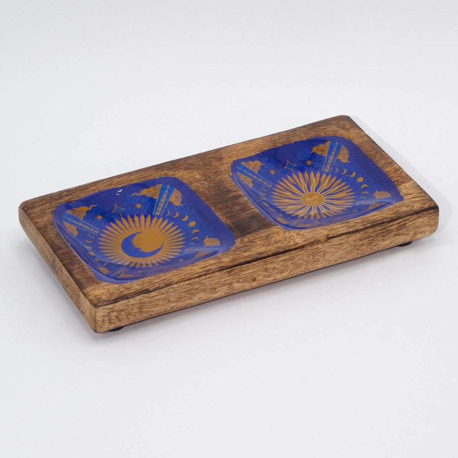 Sun & Moon Enamel Mango Wood Double Trinket Tray - Trinket Tray - SIXTH HOUSE