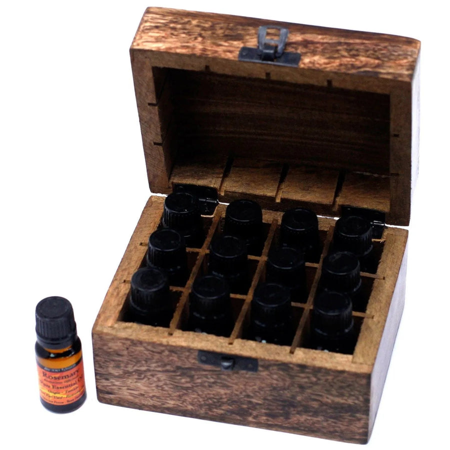 AW Carved Mango Wood Oil Box – 12 Bottles