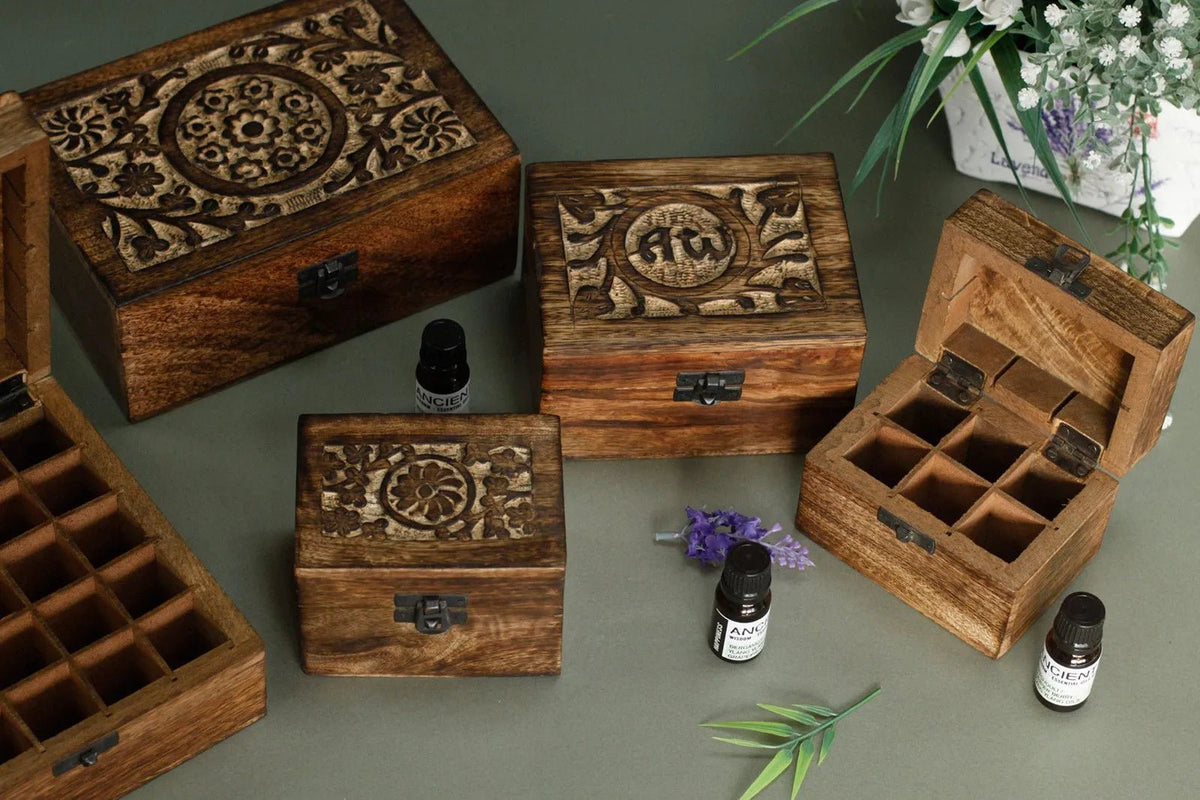AW Carved Mango Wood Oil Box – 12 Bottles - Essential Oil Storage Box - SIXTH HOUSE