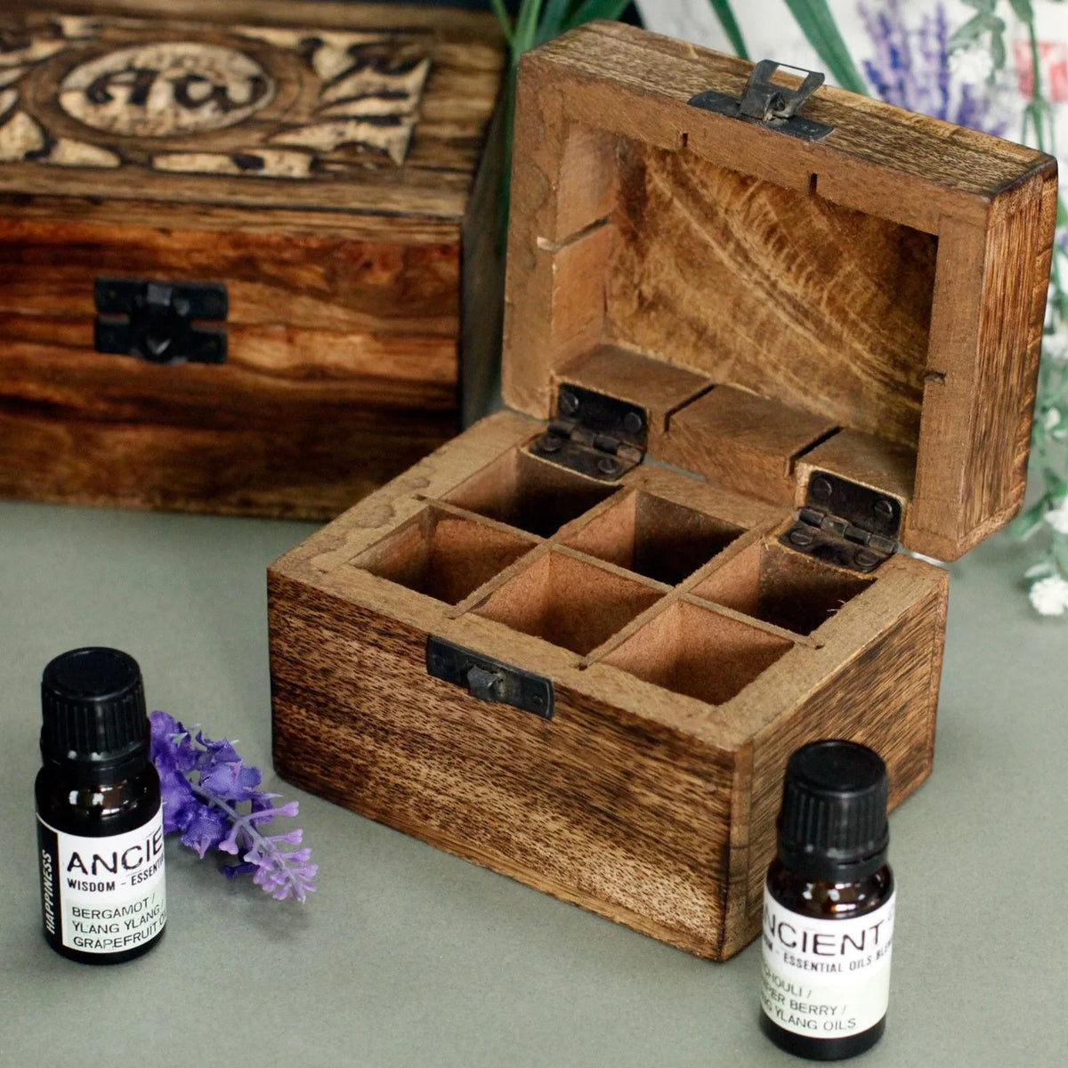 AW Carved Mango Wood Oil Box – 24 Bottles - Essential Oil Storage Box - SIXTH HOUSE