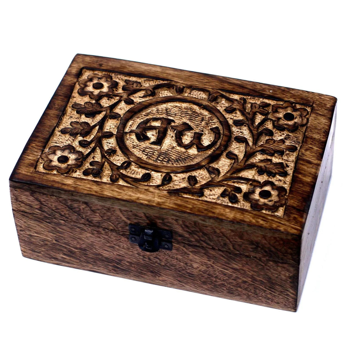 AW Carved Mango Wood Oil Box – 24 Bottles