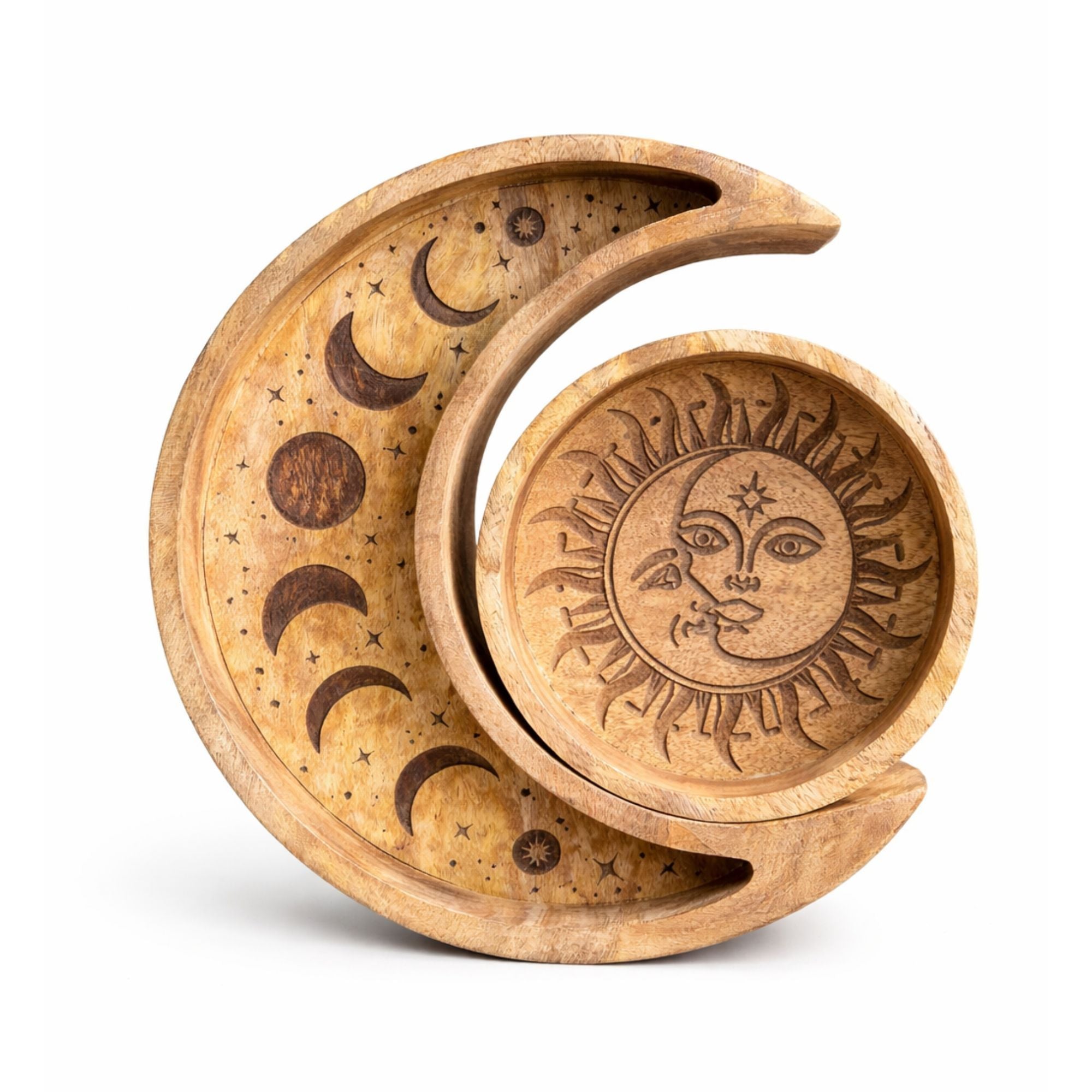 Carved Moon & Sun Wooden Tray Set