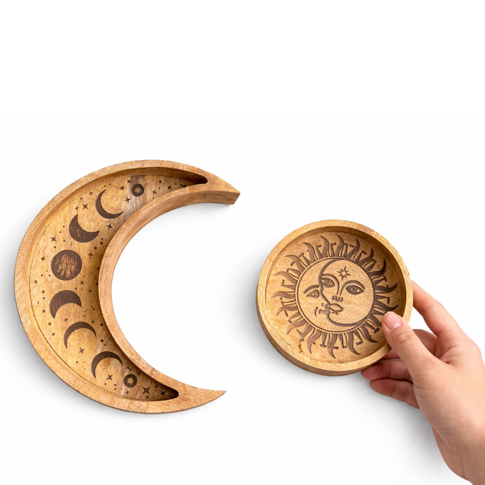 Carved Moon & Sun Wooden Tray Set