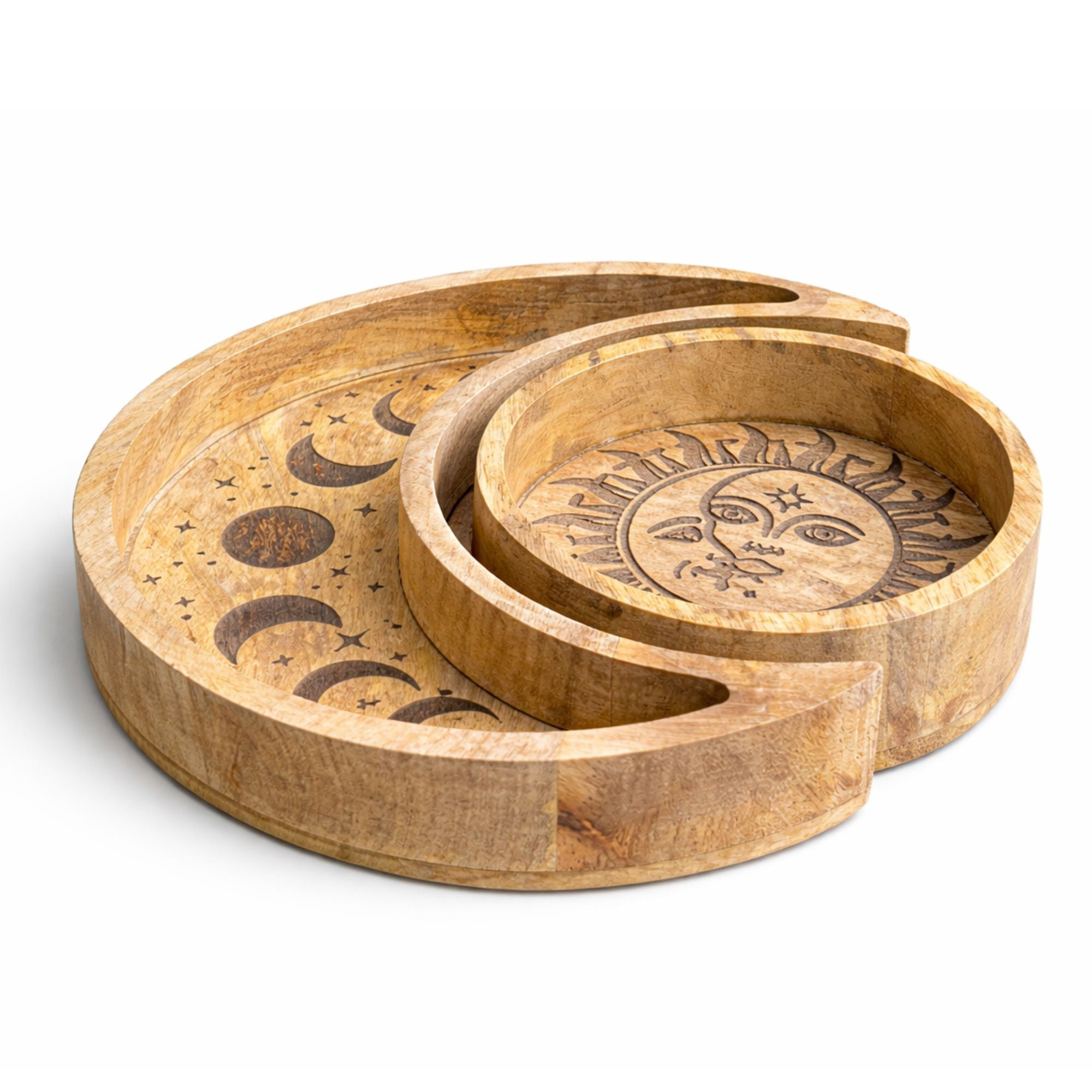 Carved Moon & Sun Wooden Tray Set