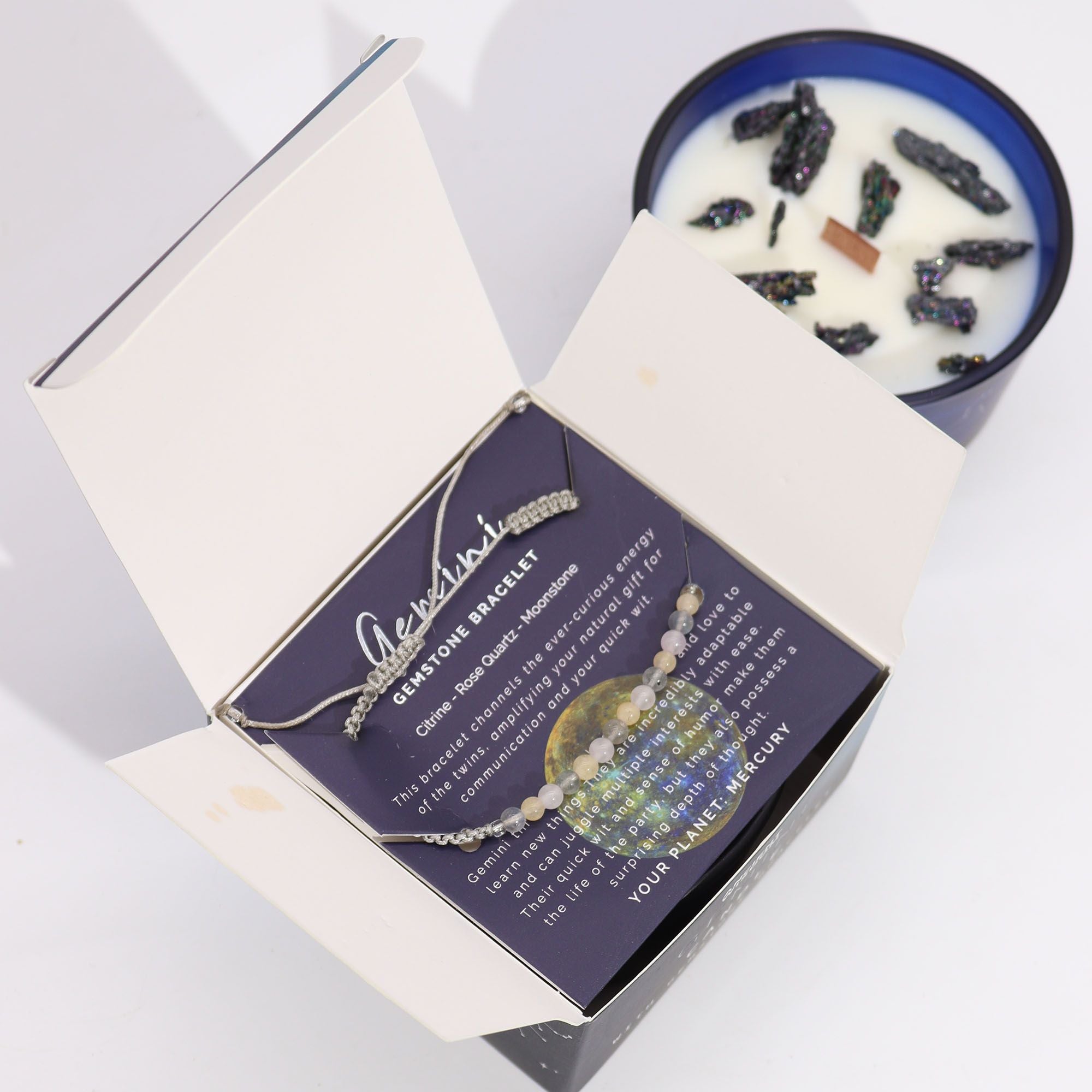 Gemini Zodiac Crystal Candle & Gemstone Bracelet