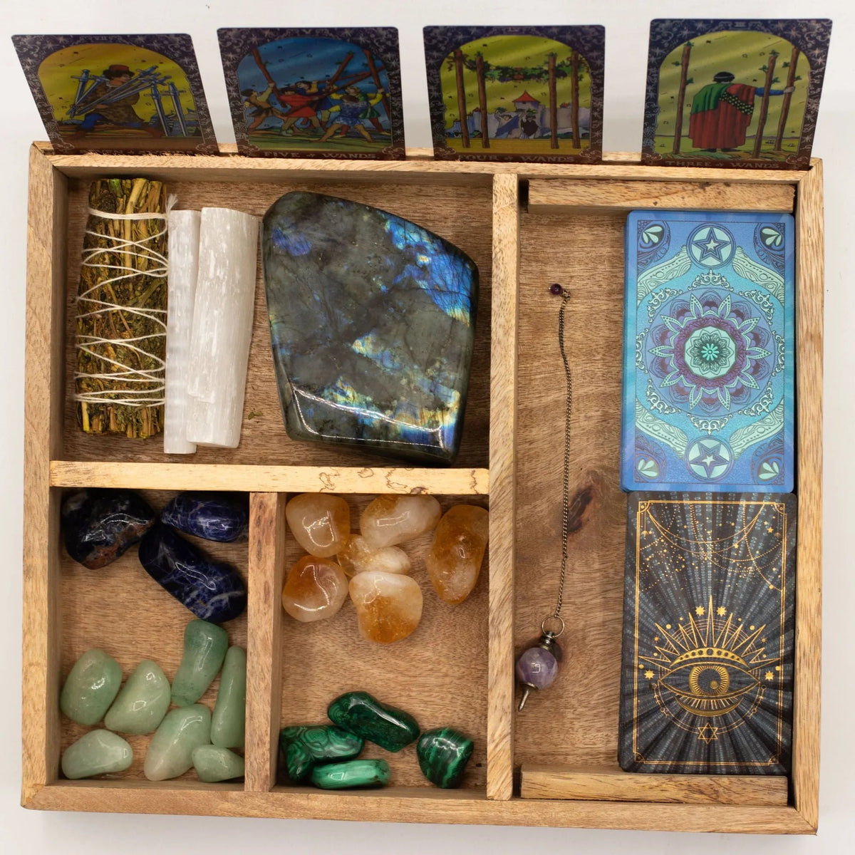 Carved Four-Section Tarot Box with Card Holder - Tarot Storage Box - SIXTH HOUSE