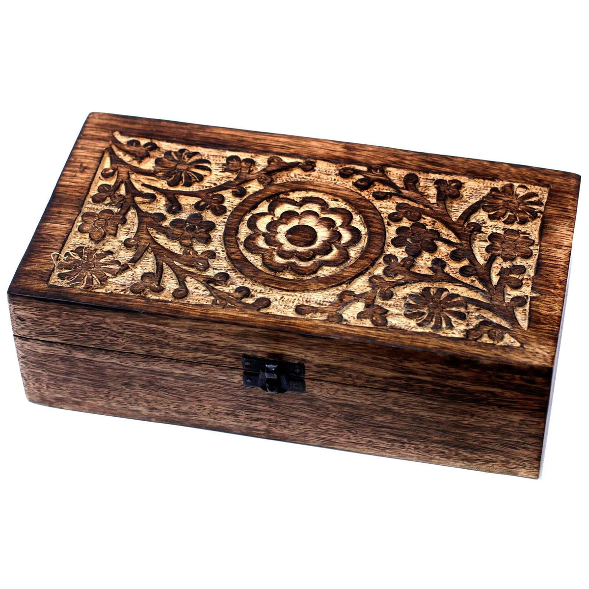 Floral Carved Mango Wood Oil Box – 32 Bottles - Essential Oil Storage Box - SIXTH HOUSE