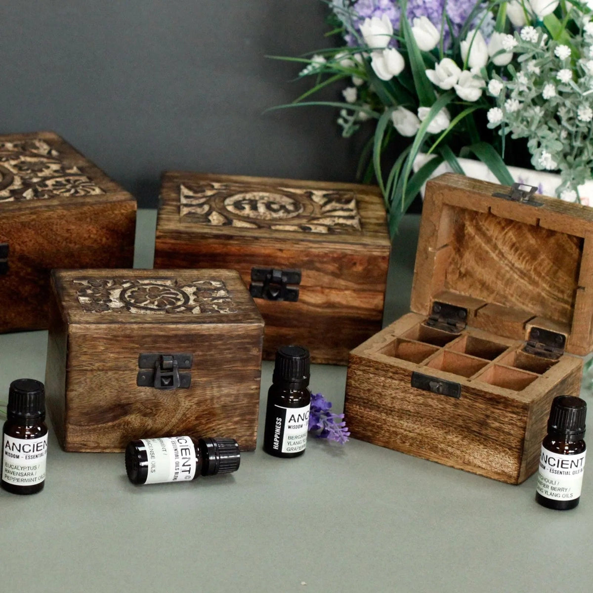 Floral Carved Mango Wood Oil Box – 32 Bottles - Essential Oil Storage Box - SIXTH HOUSE