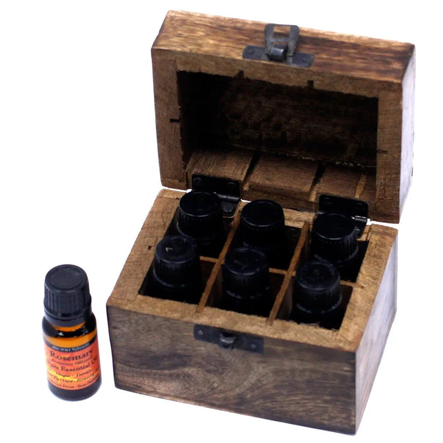 Floral Carved Mango Wood Oil Box – 6 Bottles