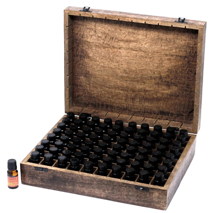 Floral Carved Mango Wood Oil Box – 80 Bottles