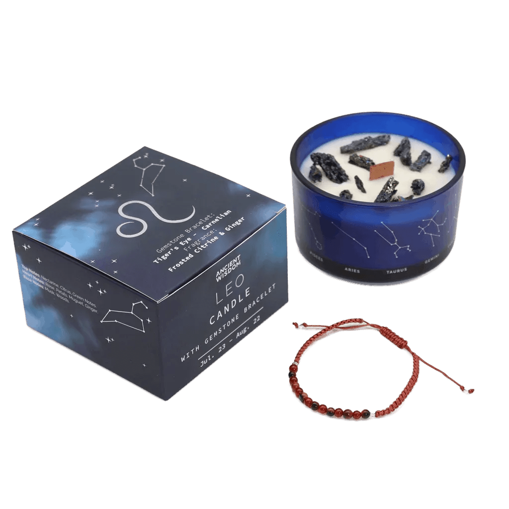 Leo Zodiac Crystal Candle & Gemstone Bracelet and its presentation
