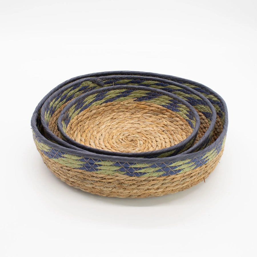 Natural, Green & Blue Woven Tray Baskets – Set of 3