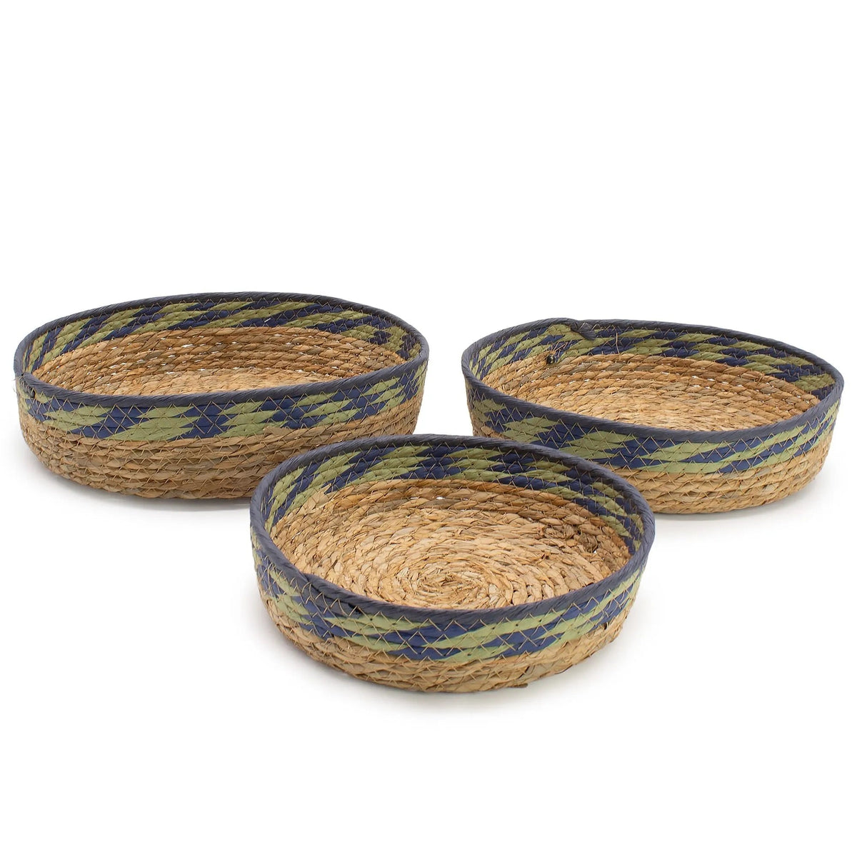 Natural, Green & Blue Woven Tray Baskets – Set of 3