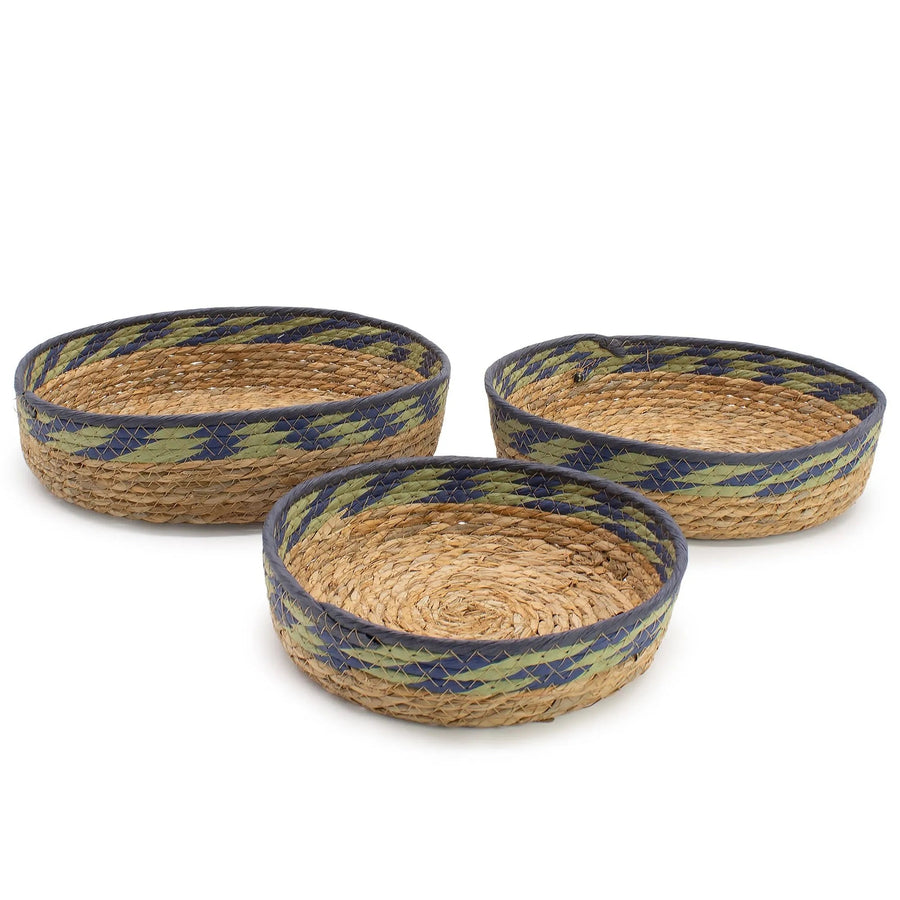 Natural, Green & Blue Woven Tray Baskets – Set of 3 - Storage Baskets - SIXTH HOUSE