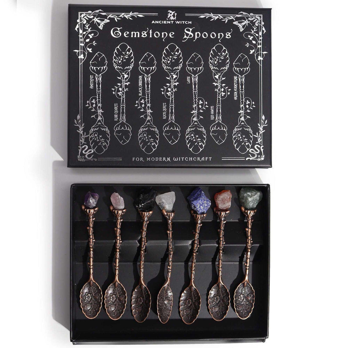Seven Gemstone Spoons — Antique Bronze - Set of 7 Ancient Witch Gemstone Spoons - SIXTH HOUSE