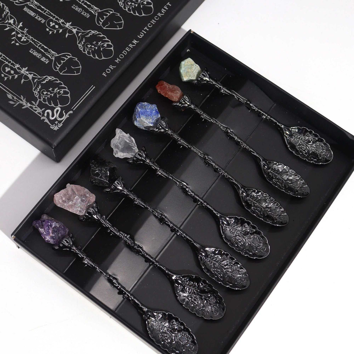 Seven Gemstone Spoons — Dark Silver - Set of 7 Ancient Witch Gemstone Spoons - SIXTH HOUSE