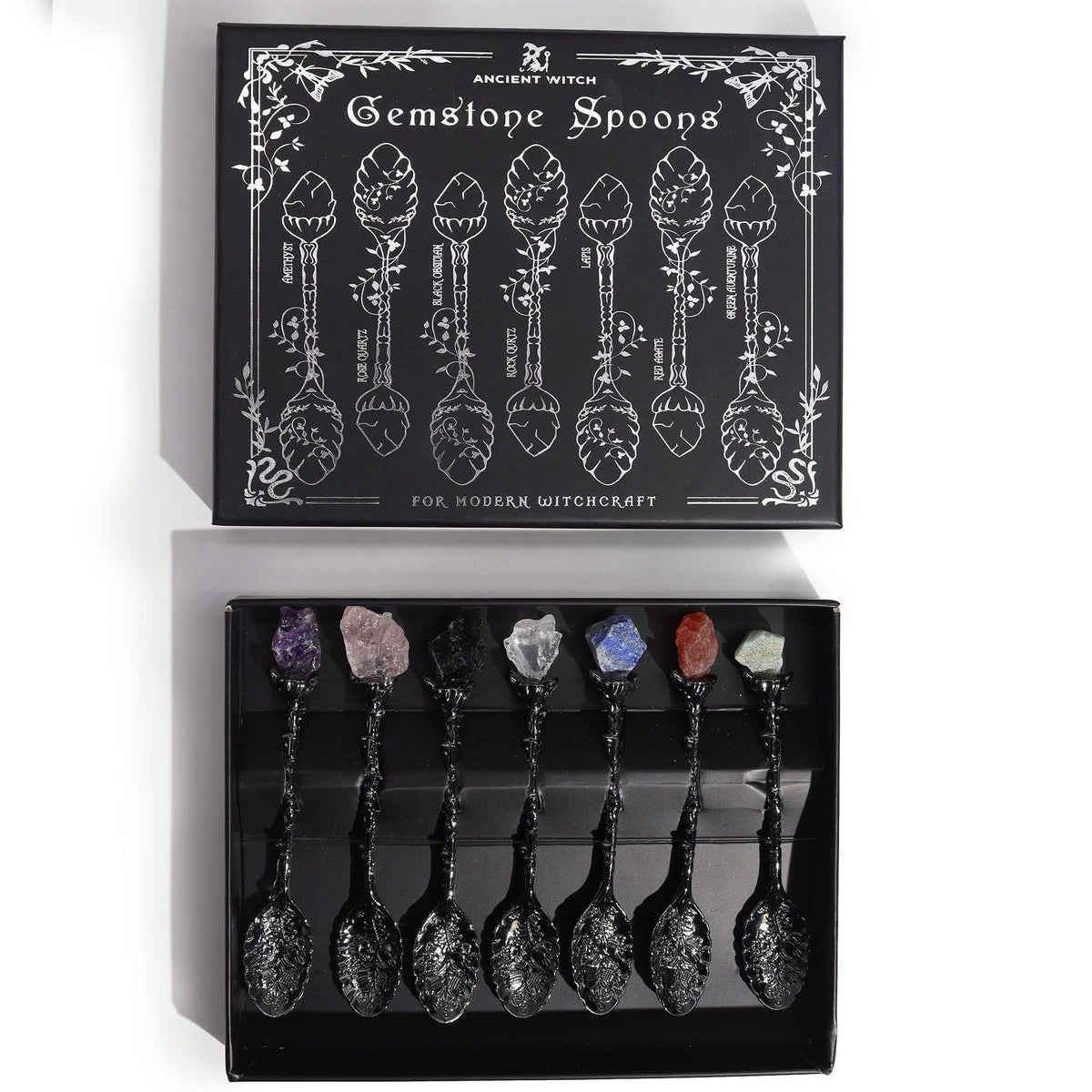 Seven Gemstone Spoons — Dark Silver - Set of 7 Ancient Witch Gemstone Spoons - SIXTH HOUSE