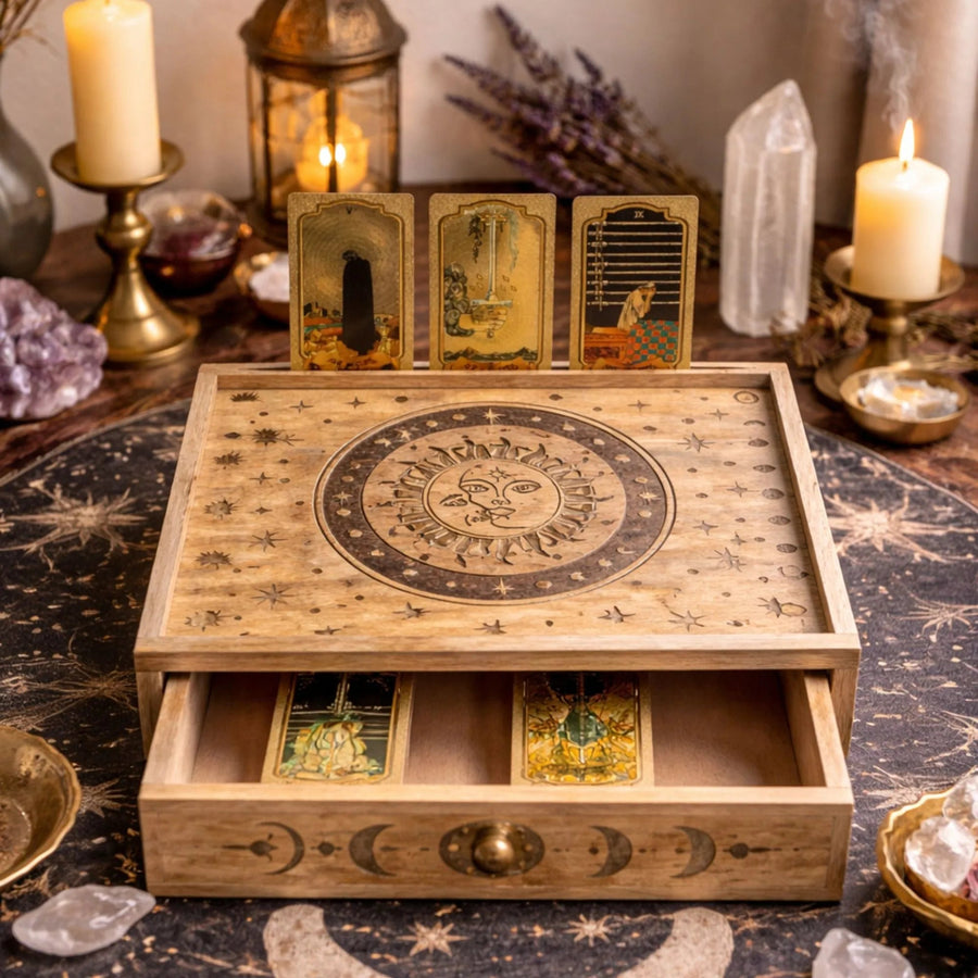 Sun & Moon Carved Tarot Box with Drawer