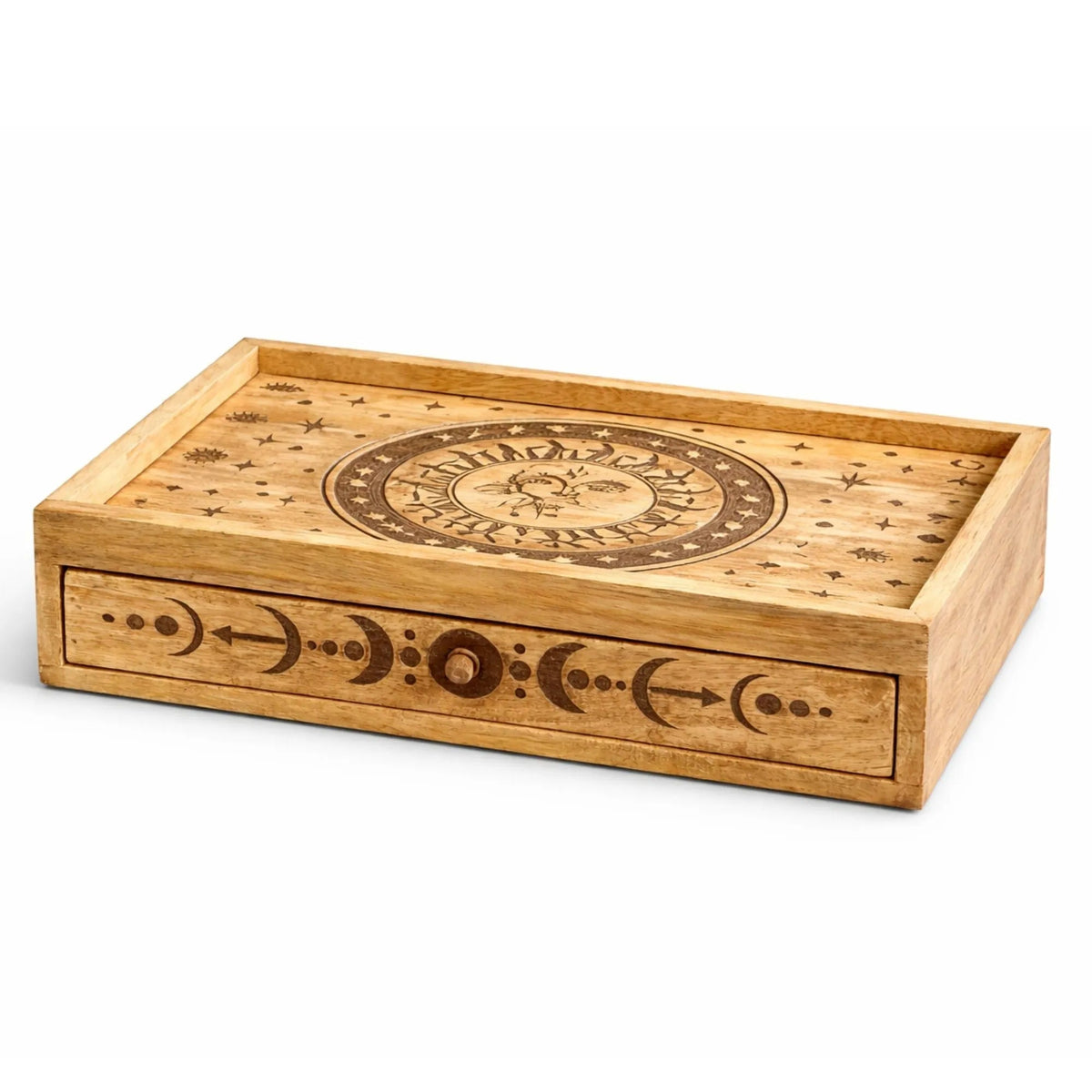 Sun & Moon Carved Tarot Box with Drawer - Tarot Storage Box - SIXTH HOUSE