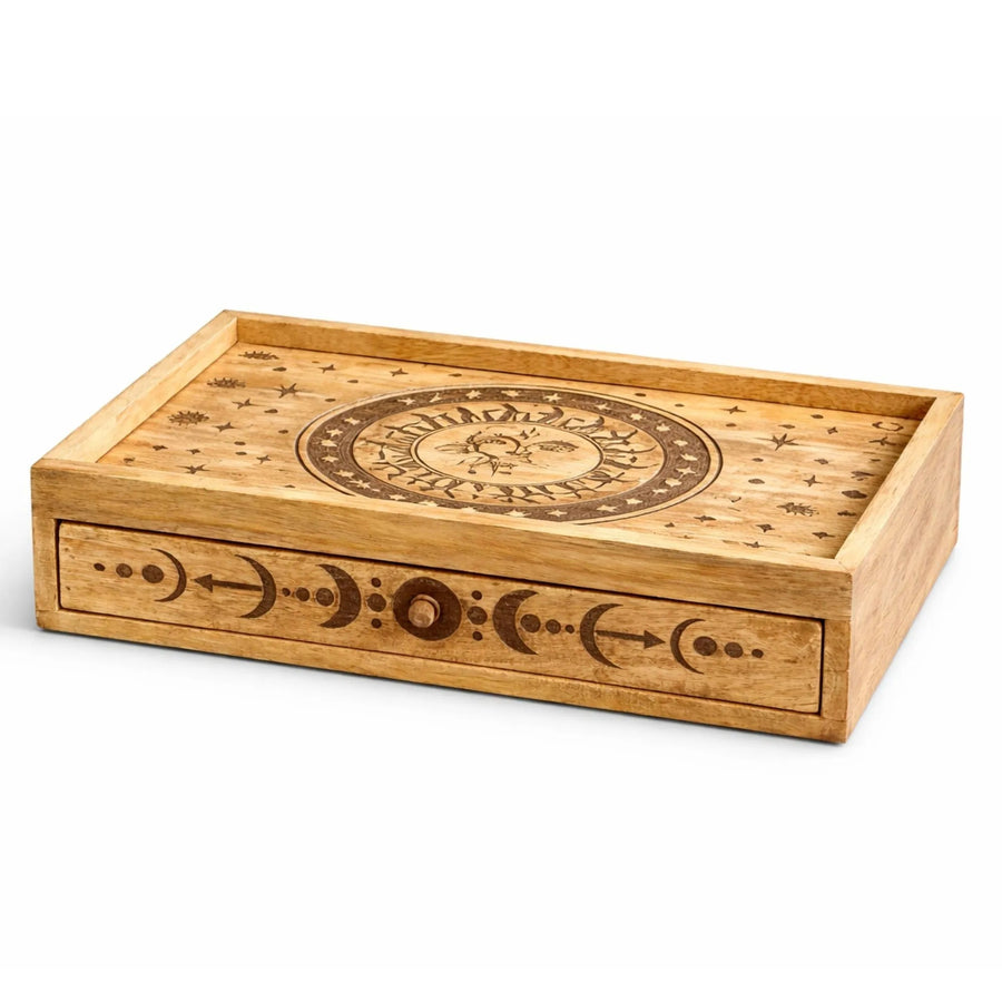 Sun & Moon Carved Tarot Box with Drawer - Tarot Storage Box - SIXTH HOUSE