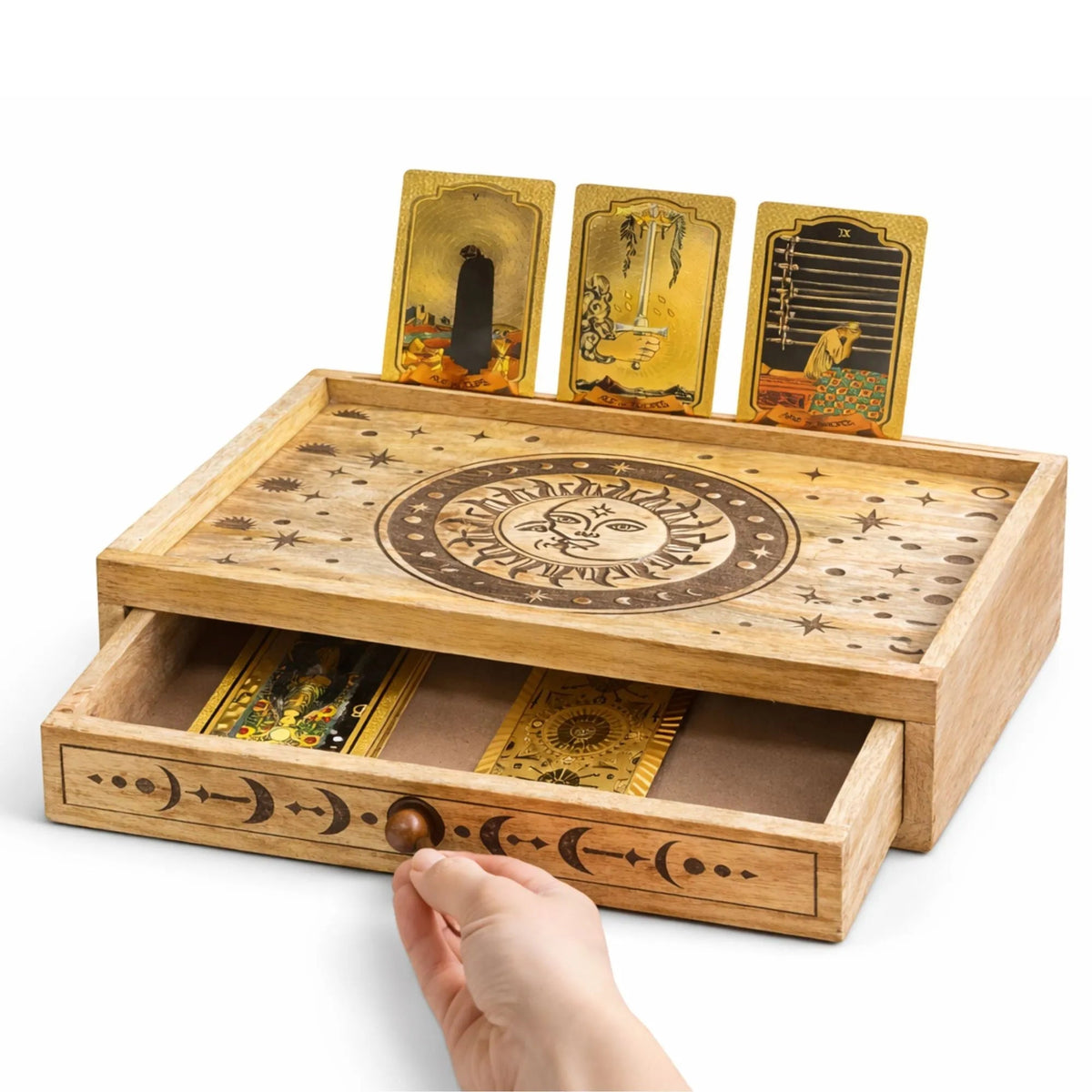 Sun & Moon Carved Tarot Box with Drawer - Tarot Storage Box - SIXTH HOUSE