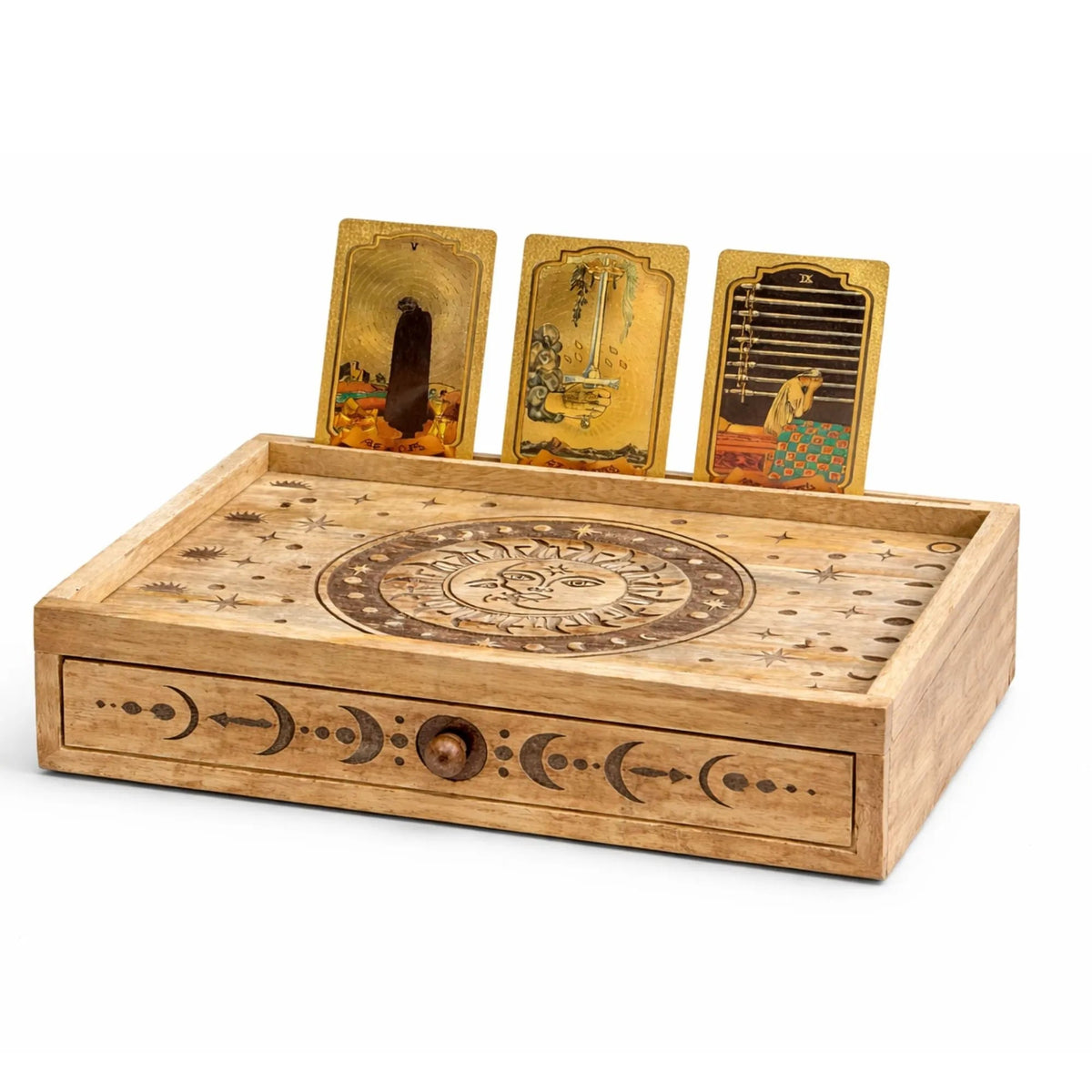 Sun & Moon Carved Tarot Box with Drawer - Tarot Storage Box - SIXTH HOUSE