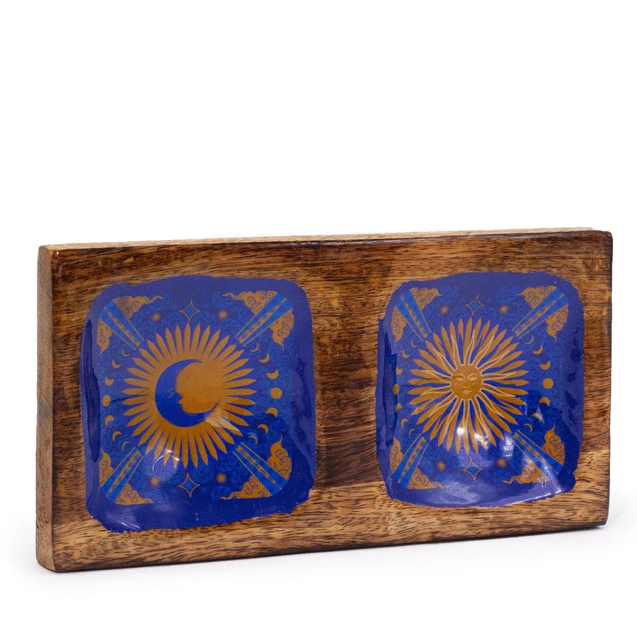 Sun & Moon Enamel Mango Wood Double Trinket Tray